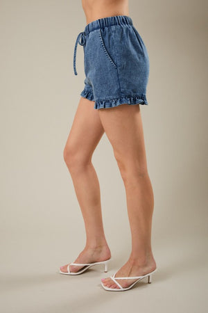 SUNDAY EDITION Women's Shorts Mid Rise Ruffle Hem Stretchy Denim Shorts
