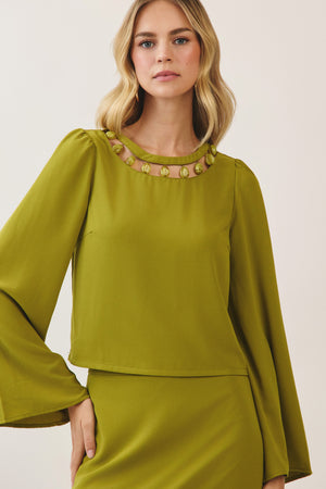 TCEC Women's Top Beaded Embellishment Neck Bell Sleeve Top