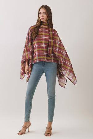TCEC Women's Top Plaid Scarf Neck Poncho Top