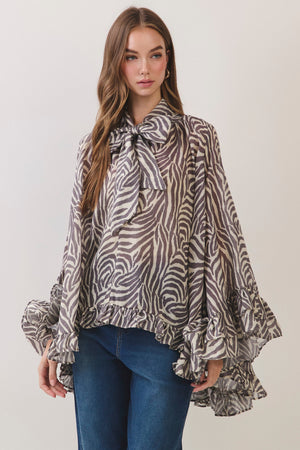 TCEC Women's Top Zebra Print Ruffle Detail High Low Hem Blouse