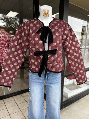 THML Women Jackets Velvet Bow Floral Quilted Jacket