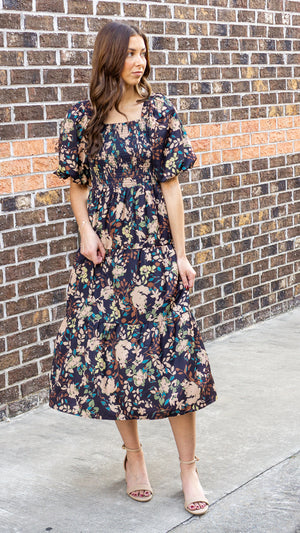 THML Women's Dresses Puff Sleeve Smocked Floral Dress