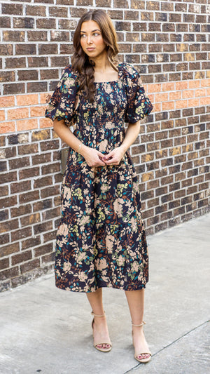 THML Women's Dresses Puff Sleeve Smocked Floral Dress