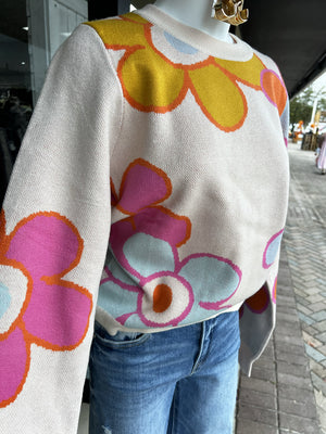 THML Women's Sweaters Color Block Flower Knit Sweater