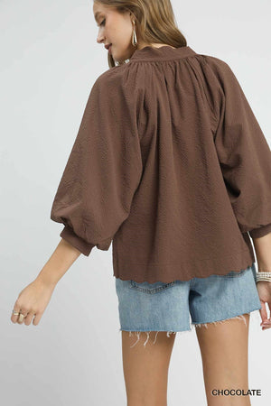 UMGEE USA Women's Top Split V Neck Top with Balloon Sleeves || David's Clothing