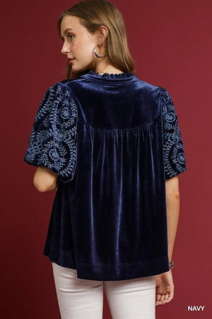 UMGEE USA Women's Top Velvet Embroidered Sleeve Top
