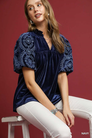 UMGEE USA Women's Top Velvet Embroidered Sleeve Top