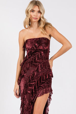 VINTAGE STORE Women's Dresses Velvet Floral Print Mesh Ruffled Long Dress || David's Clothing
