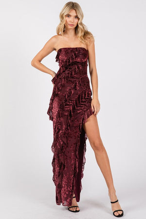 VINTAGE STORE Women's Dresses Velvet Floral Print Mesh Ruffled Long Dress || David's Clothing