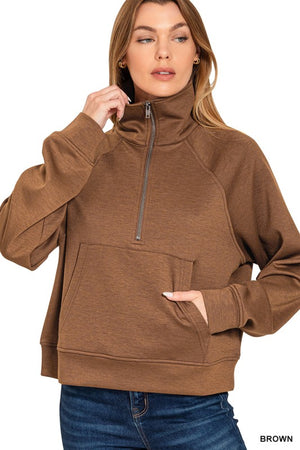 ZENANA Women's Pullovers BROWN / S Scuba Half Zip Pullover With Kangaroo Pocket ROT-4122Y