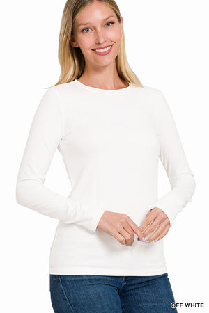 ZENANA Women's Top OFFWHITE / S Brushed Microfiber Long Sleeve Round Neck Tee MT-2053M8