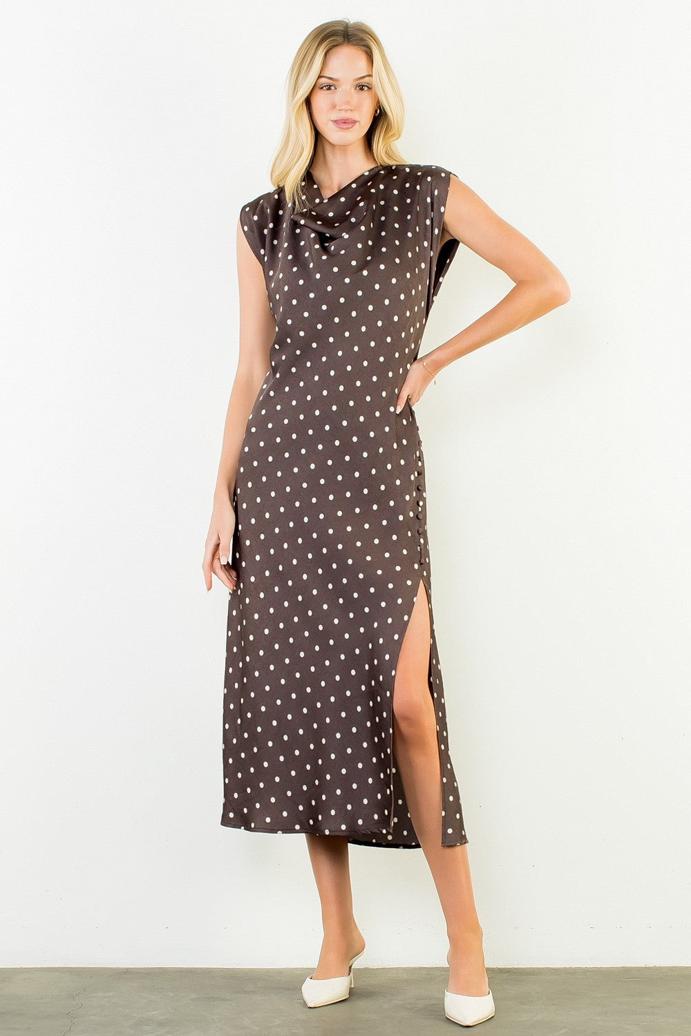 Cowl Neck Polka Dot Slit Dress