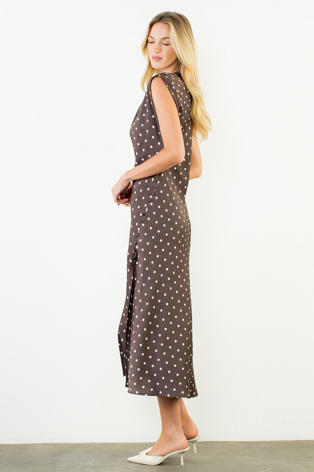 Cowl Neck Polka Dot Slit Dress