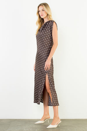 Cowl Neck Polka Dot Slit Dress