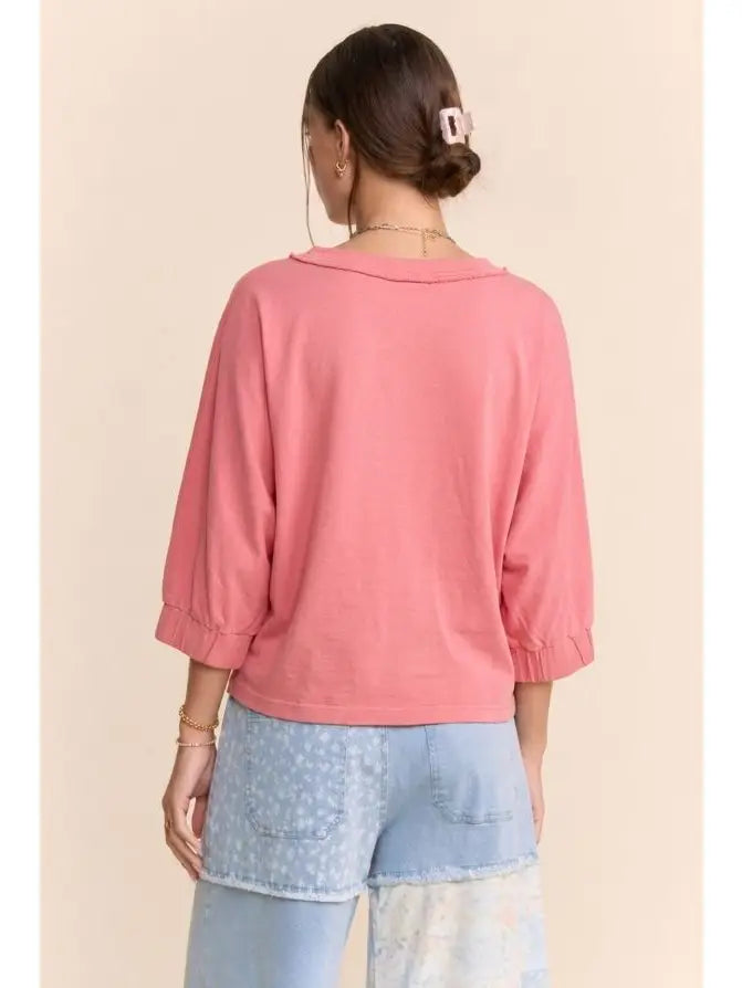 Raw Edge Boat Neck Puff Sleeve Knit Top