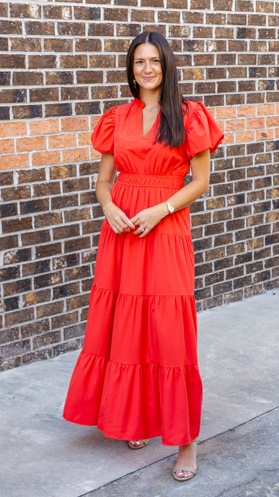V-Neck Bubble Sleeve Tiered Midi Dress