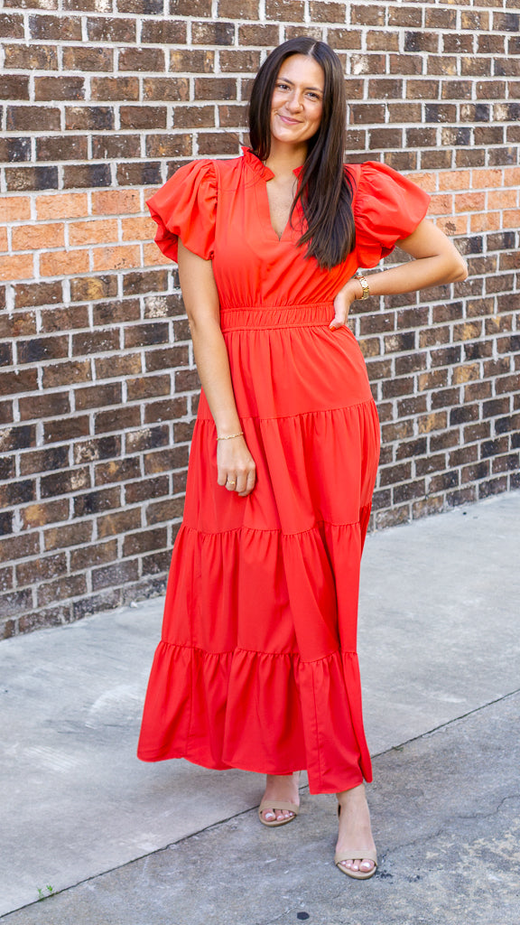 V-Neck Bubble Sleeve Tiered Midi Dress
