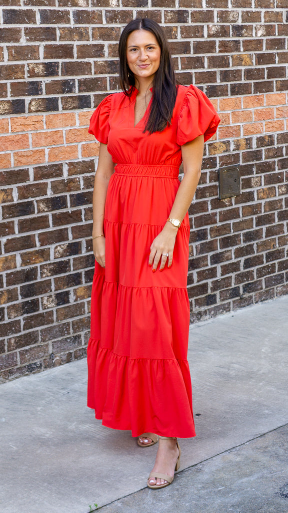 V-Neck Bubble Sleeve Tiered Midi Dress