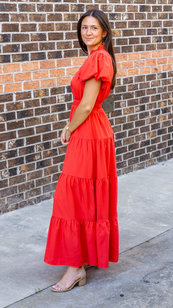 V-Neck Bubble Sleeve Tiered Midi Dress