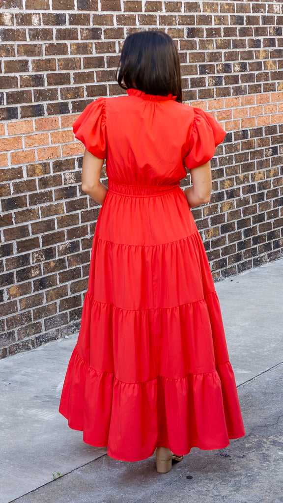 V-Neck Bubble Sleeve Tiered Midi Dress