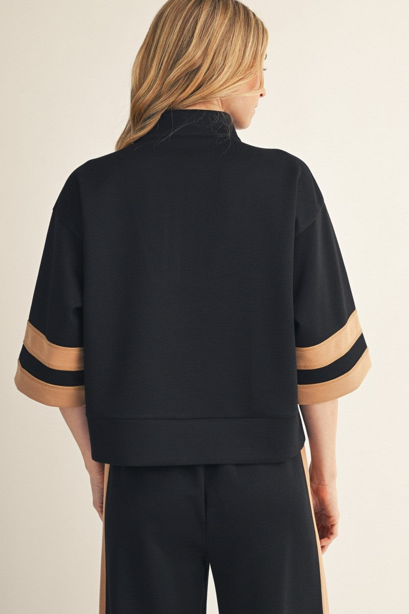 Contrast Detail Casual Zip Up Sweatshirt
