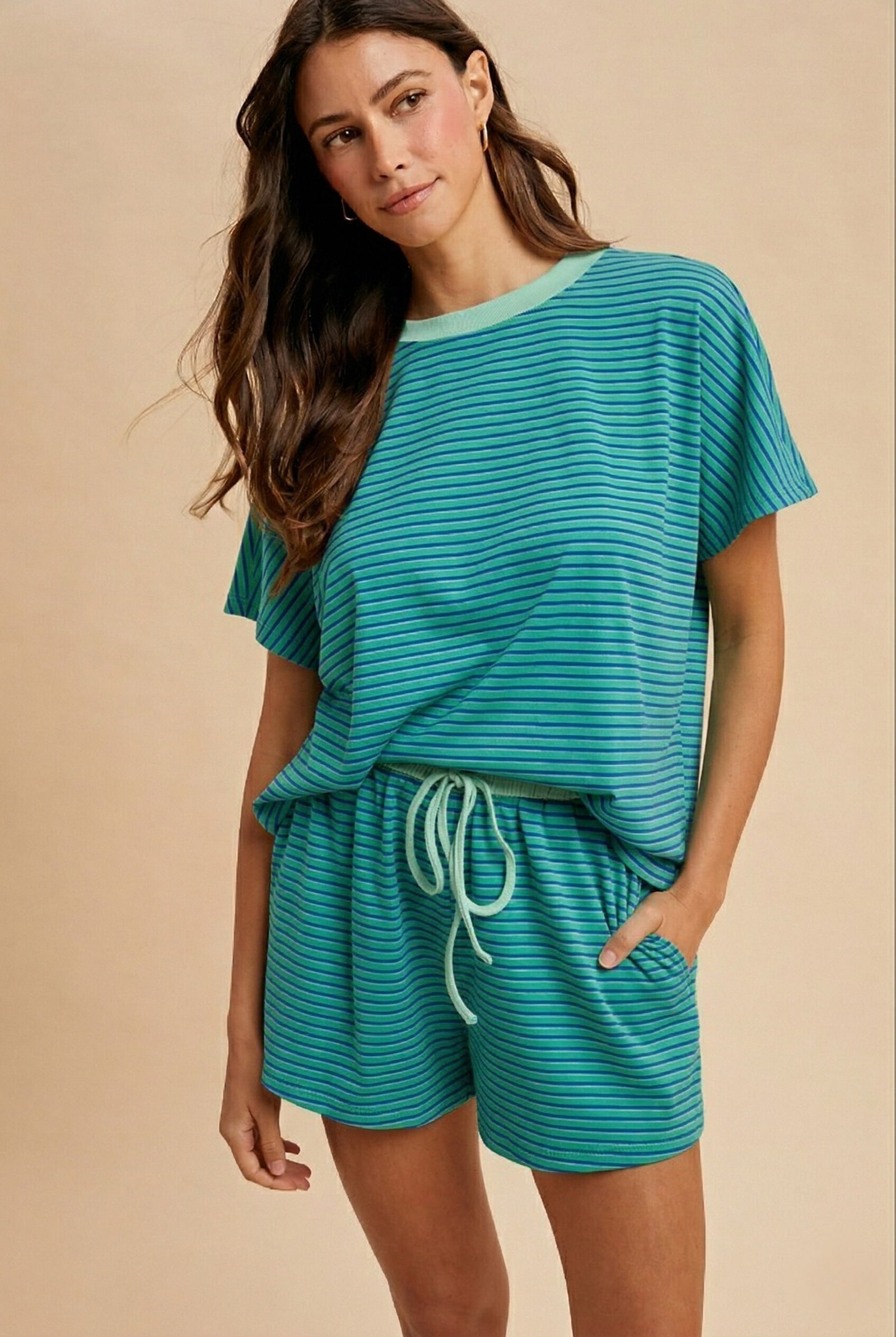 ANNIEWEAR Women's Top CANDYPINK/MATCHA / S Loose Fit Striped Knit Top & Mini Shorts Set 9278CP