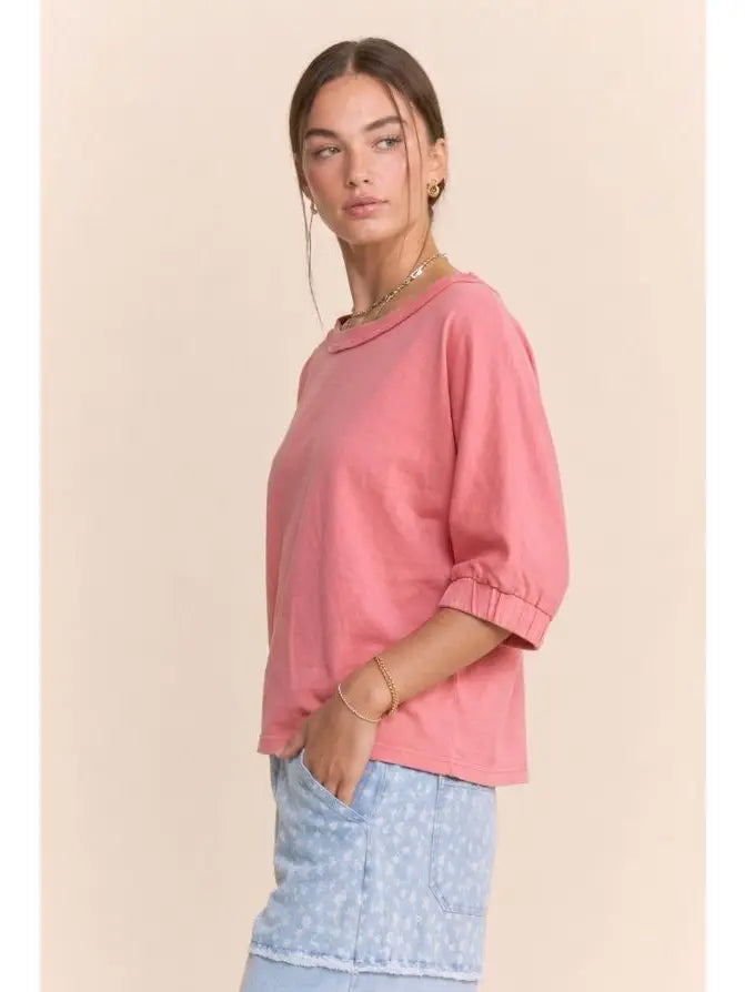 Raw Edge Boat Neck Puff Sleeve Knit Top