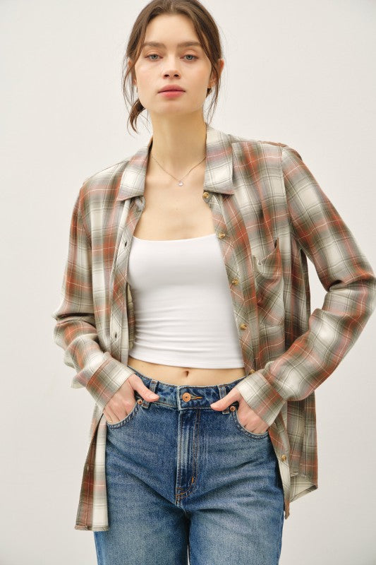 Be Cool LA Women's Top Robertson Plaid Longsleeve Button Up Shirt Olive