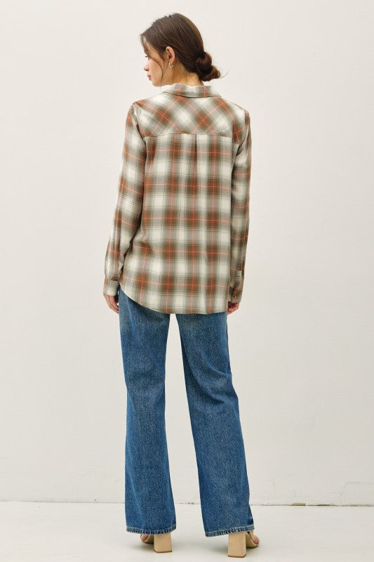 Be Cool LA Women's Top Robertson Plaid Longsleeve Button Up Shirt Olive