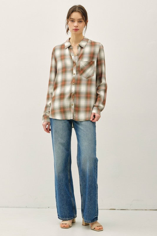 Be Cool LA Women's Top OLIVE / S Robertson Plaid Longsleeve Button Up Shirt Olive 19719
