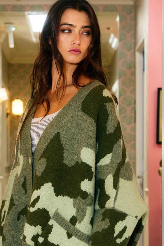 BUCKET LIST Women's Sweaters Oversized Camo Pullover Sweater Cardigan