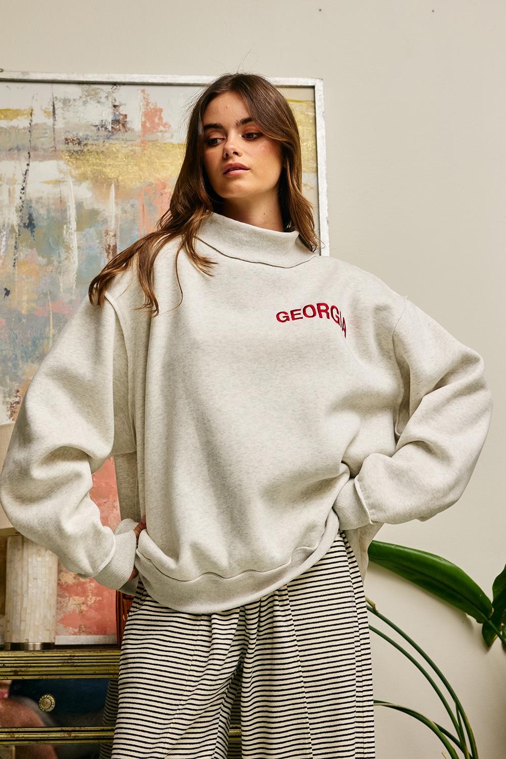 BUCKET LIST Women's Sweatshirt ASH GREY / S/M Embroidered "GEORGIA" Mock Neck Pullover IT2594E