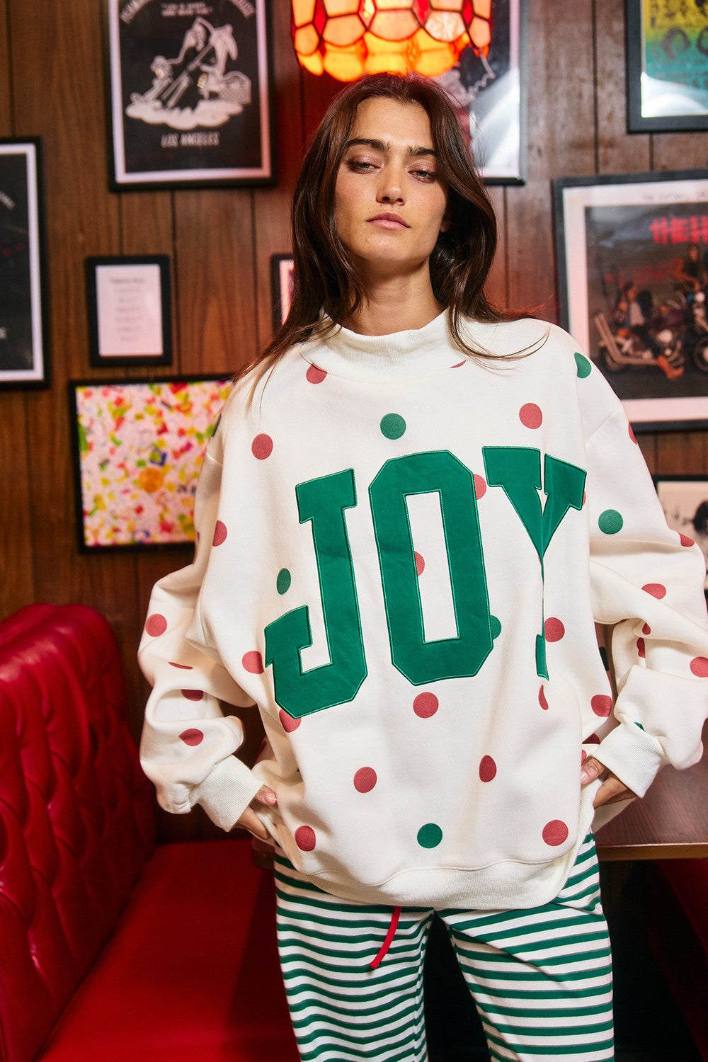 BUCKET LIST Women's Sweatshirt JOY Patch Polka-dot Mock-neck Sweatshirt