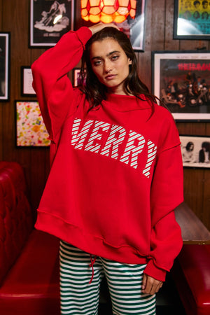 BUCKET LIST Women's Sweatshirt MERRY Embroidered Mock Neck Sweatshirt