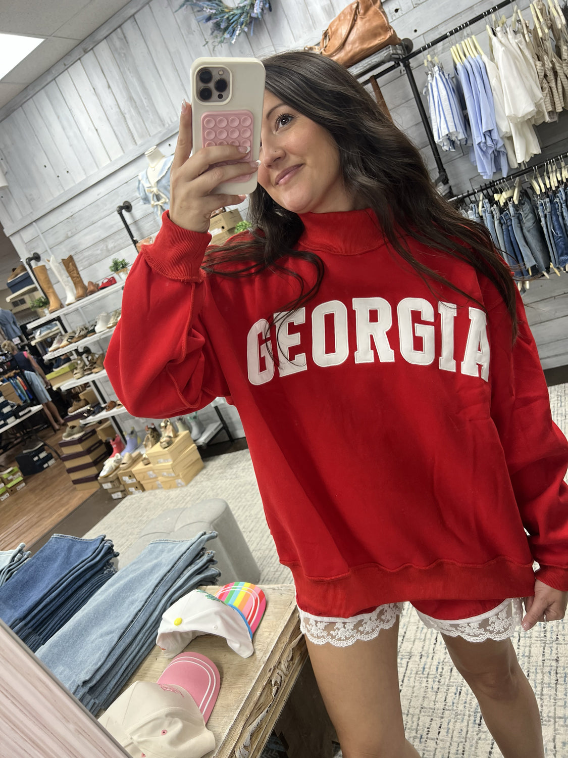 BUCKET LIST Women's Sweatshirt RED / S/M Embroidered "GEORGIA" Mock Neck Pullover IT2594ER