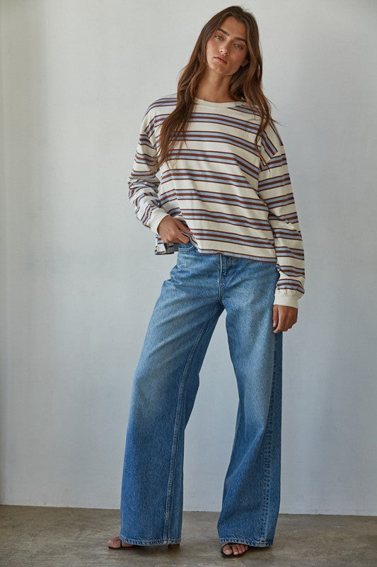 BY TOGETHER YOU AND I Women's Top BLUE CAMEL / S Knit Cotton Multicolor Stripe Crew Neck Long Sleeve Top L8681BC