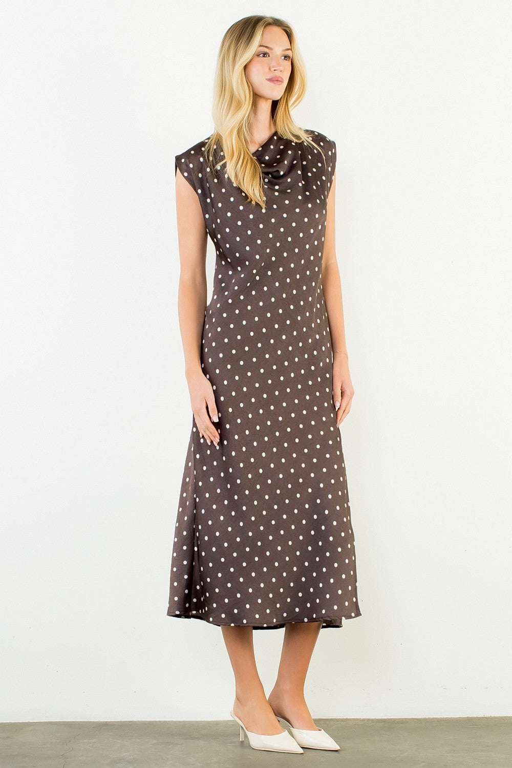 Cowl Neck Polka Dot Slit Dress