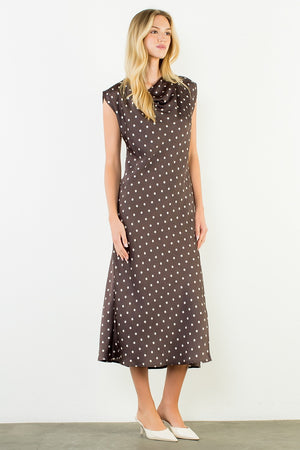 Cowl Neck Polka Dot Slit Dress