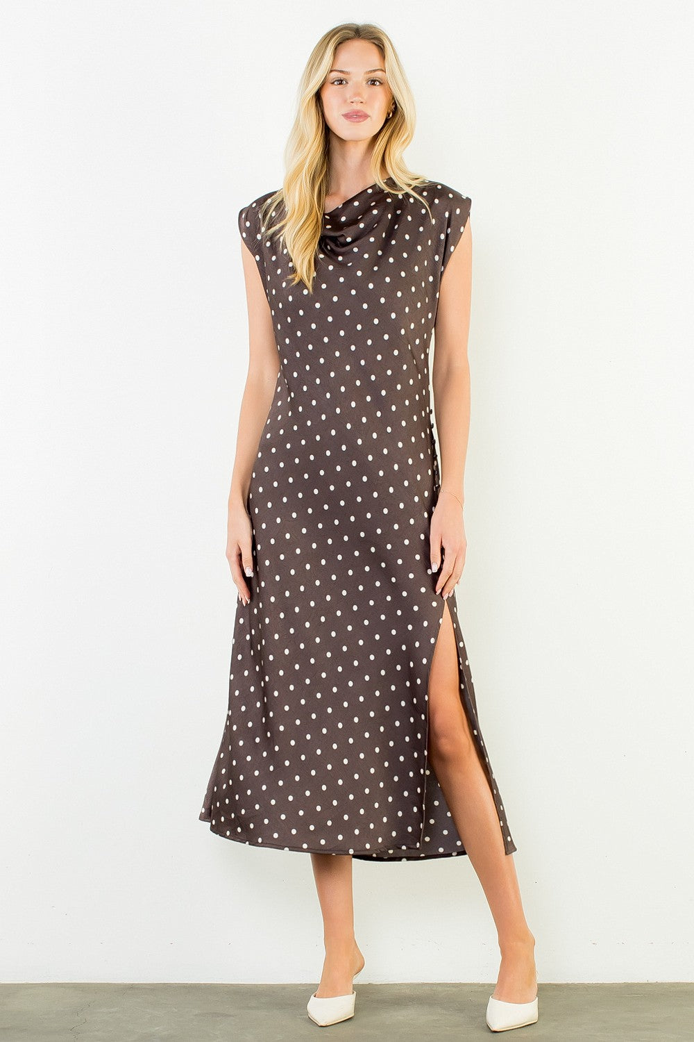 Cowl Neck Polka Dot Slit Dress