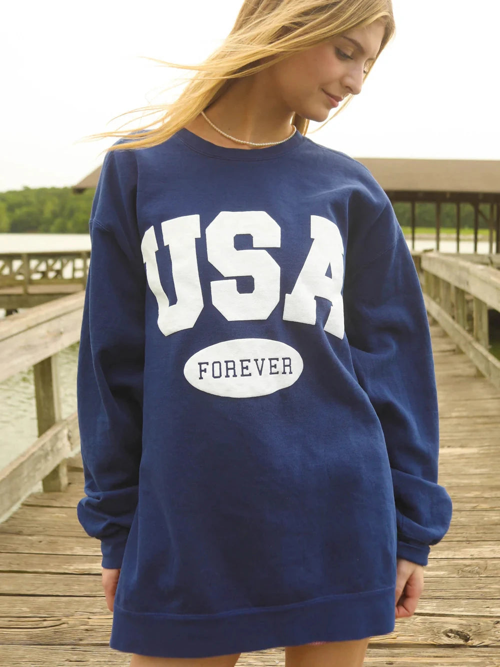 CHARLIE SOUTHERN Women's Sweatshirt Friday + Saturday USA Forever Puff Crewneck Sweatshirt || David's Clothing