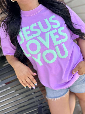 DASH FORWARD Women's Tees NEON VIOLET / S Jesus Loves You Simple Block Neon Puff Tee JESUSLOVESYOUII