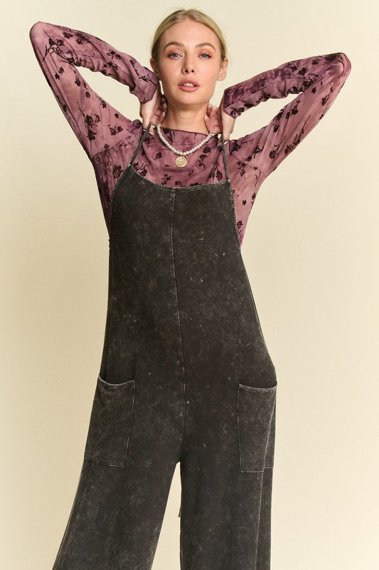 DAVI & DANI Women's Pants Garment Washed Knit Utility Lounge Jumpsuit || David's Clothing