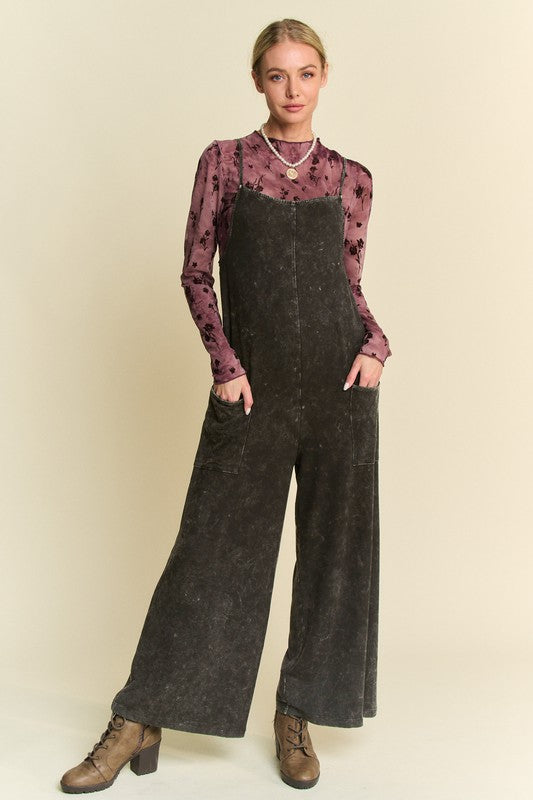 DAVI & DANI Women's Pants Garment Washed Knit Utility Lounge Jumpsuit || David's Clothing