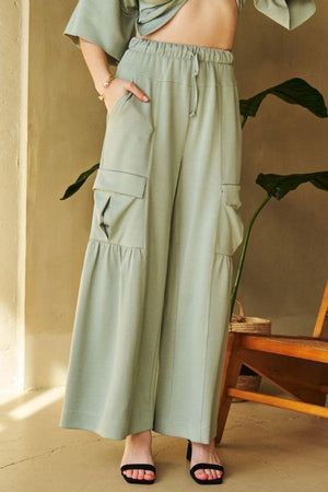 DAVI & DANI Women's Pants SAGE / S Solid Cargo Pockets Wide Open Pull On Pants DP30994