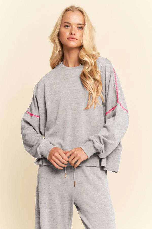DAVI & DANI Women's Sweaters GREY / S Contrast Stitch Crewneck Sweatshirts DT52040