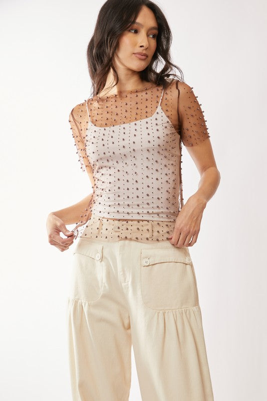 DAVI & DANI Women's Top Bead And Pearl Embellished Short Sleeves Mesh Top || David's Clothing