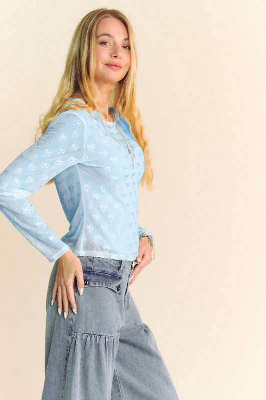 DAVI & DANI Women's Top Ribbon Embroidered Long-Sleeve Layered Mesh Top&nbsp;