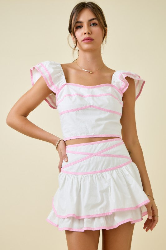 DAY + MOON Women's Top Crop Top W/ Ruffle Sleeves & Contrast Bindings