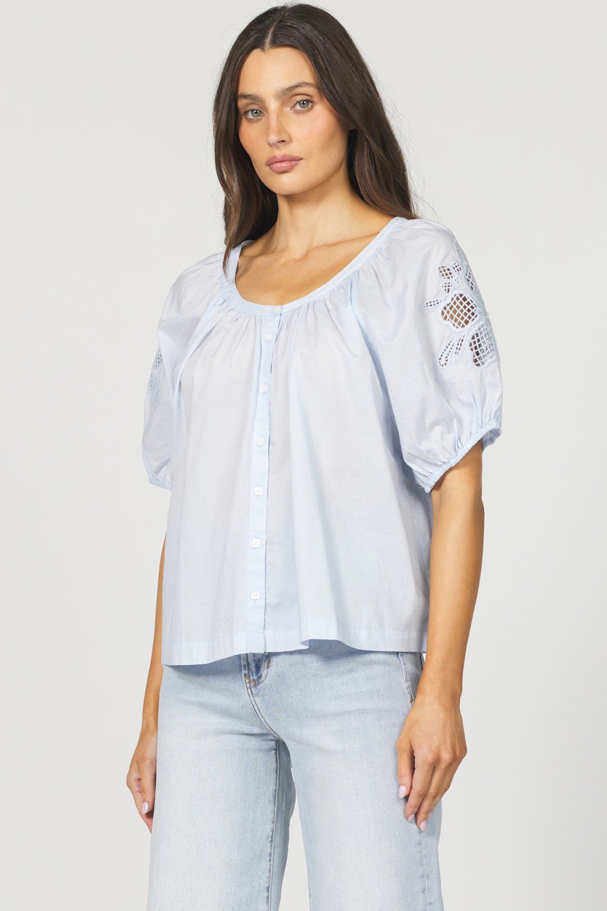 DEAR JOHN DENIM Women's Top Dear John Emiline Puff Sleeve Button-Up Laser Cut Embroidery || David's Clothing