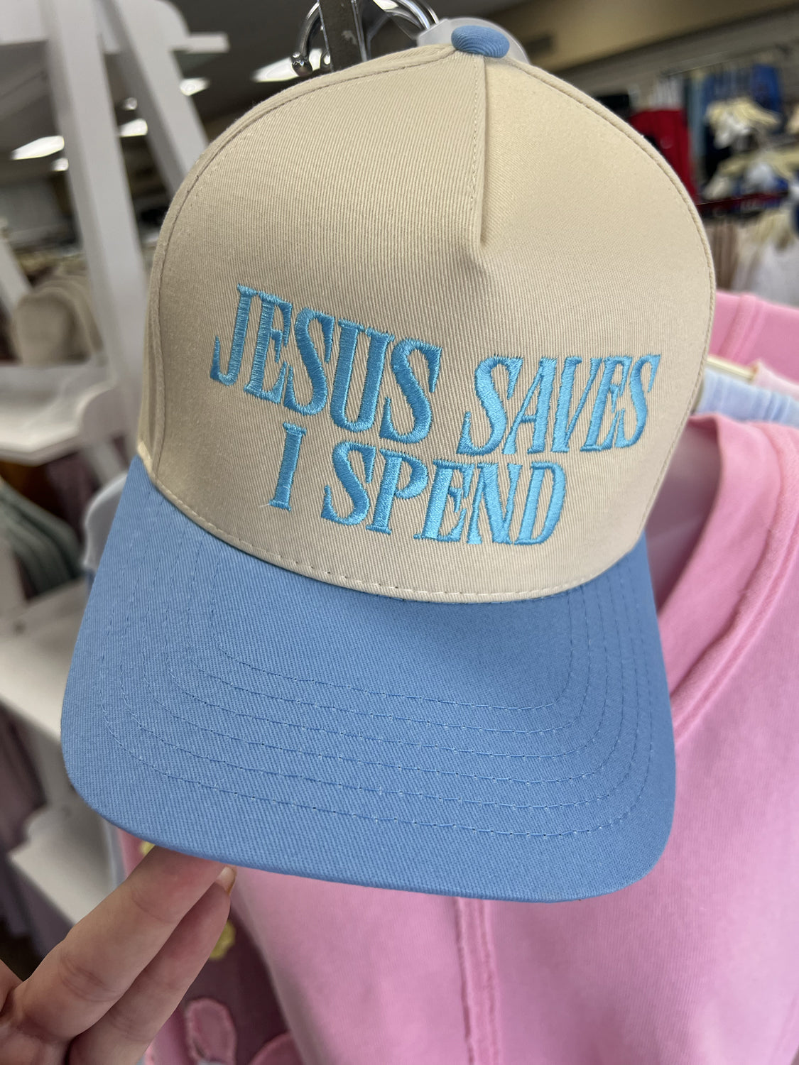 DISTRESSED VINTAGE DESIGNS Women's Hat BLUE/CREAM / - Distressed Vintage Jesus Saves I Spend Hat || David's Clothing JESUSSAVES